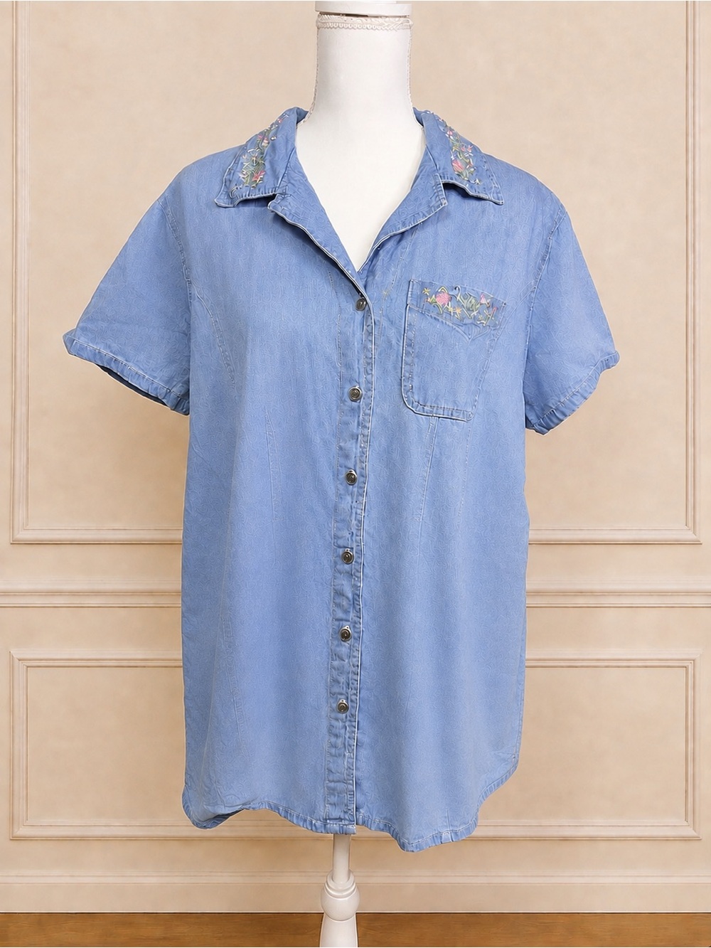 Vntg 1980s Oh! Mamma Maternity Denim Tunic Shirt L Floral Embroidered Maternity